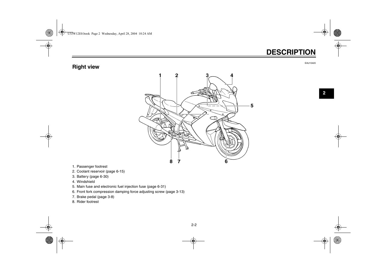 Right view -2, Description, Right view | Yamaha FJR1300T(C) User Manual | Page 17 / 100