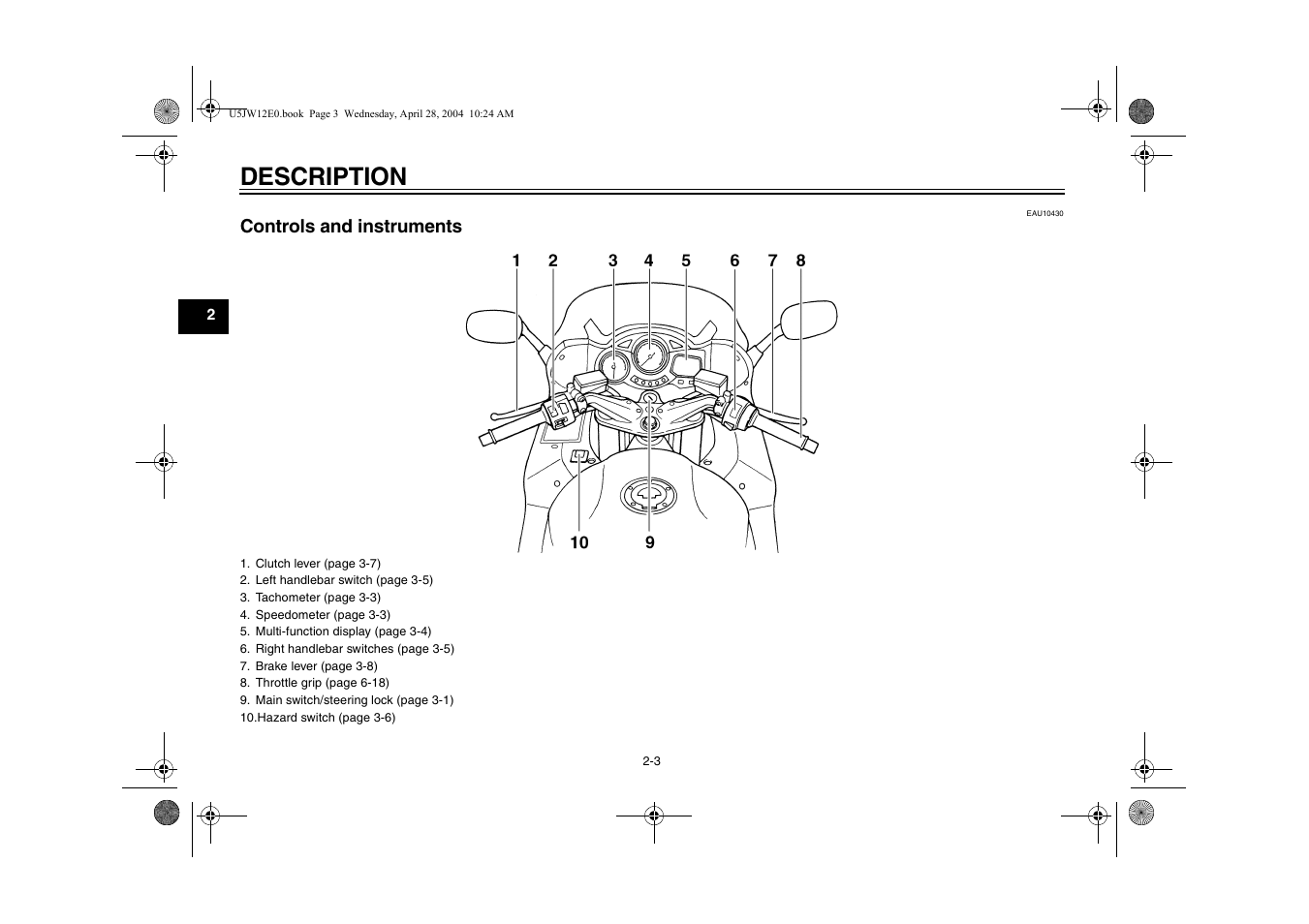 Description, Controls and instruments, Controls and instruments -3 | Yamaha FJR1300T(C) User Manual | Page 18 / 100