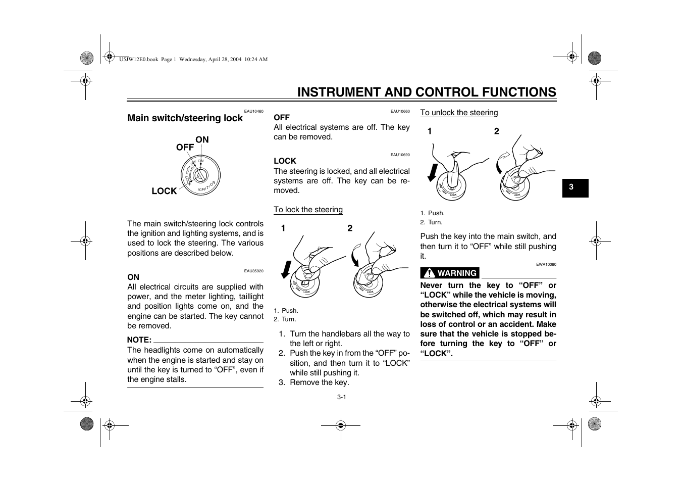 Instrument and control functions, Main switch/steering lock, Main switch/steering lock -1 | Yamaha FJR1300T(C) User Manual | Page 19 / 100