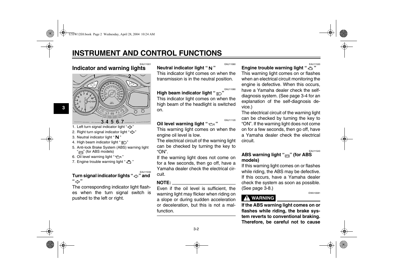 Indicator and warning lights, Indicator and warning lights -2, Instrument and control functions | Yamaha FJR1300T(C) User Manual | Page 20 / 100