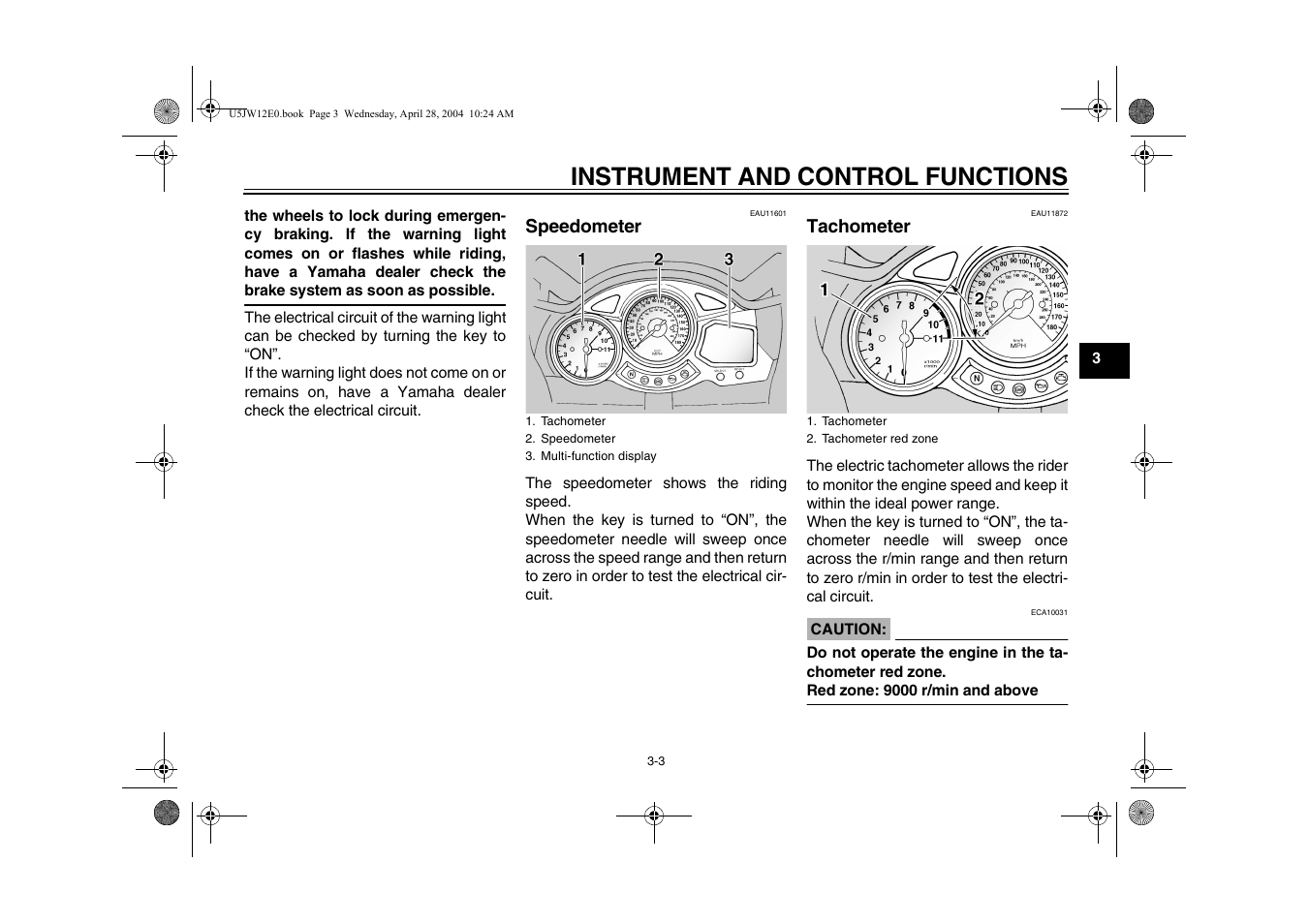 Speedometer -3 tachometer -3, Age 3-3), Instrument and control functions | Yamaha FJR1300T(C) User Manual | Page 21 / 100