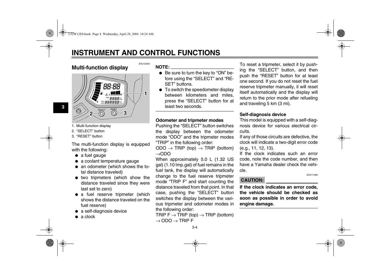 Multi-function display -4, Instrument and control functions | Yamaha FJR1300T(C) User Manual | Page 22 / 100