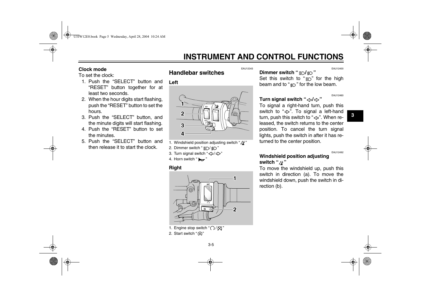 Handlebar switches, Handlebar switches -5, Instrument and control functions | Yamaha FJR1300T(C) User Manual | Page 23 / 100