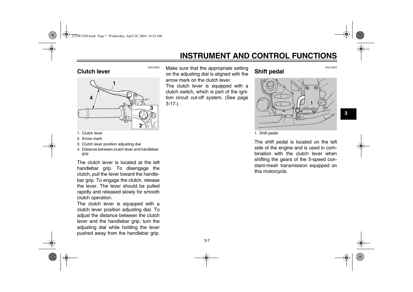 Clutch lever, Shift pedal, Clutch lever -7 shift pedal -7 | Instrument and control functions | Yamaha FJR1300T(C) User Manual | Page 25 / 100