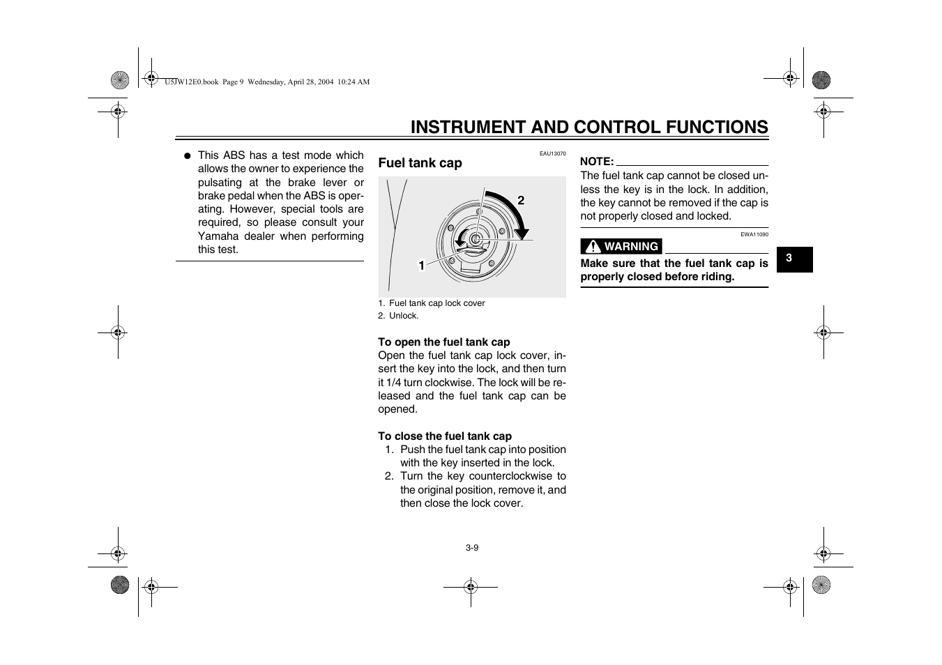 Fuel tank cap -9, Instrument and control functions | Yamaha FJR1300T(C) User Manual | Page 27 / 100