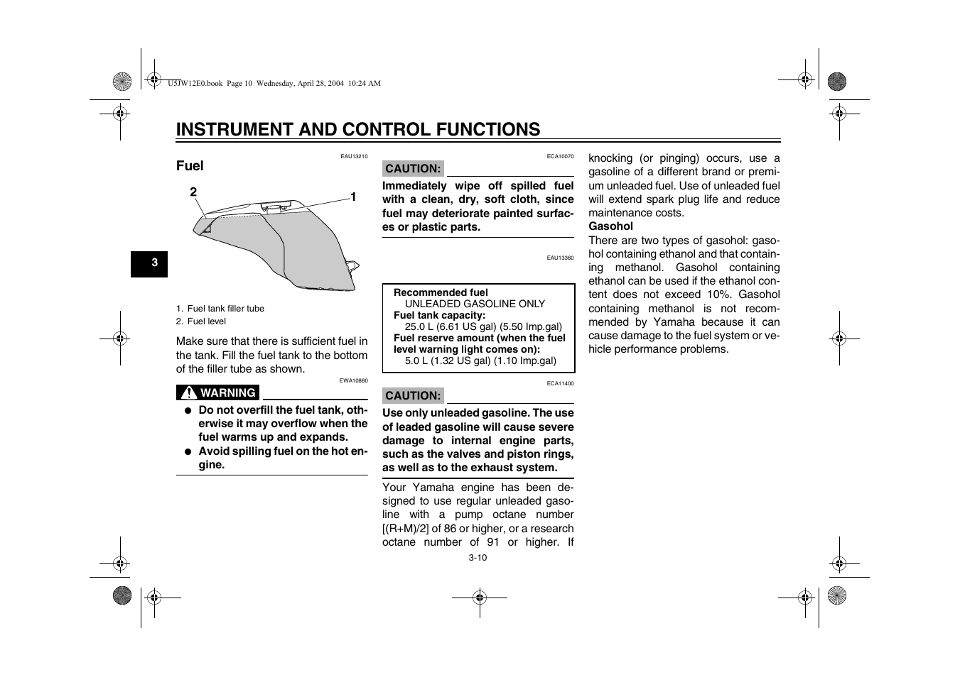 Fuel, Fuel -10, Instrument and control functions | Yamaha FJR1300T(C) User Manual | Page 28 / 100