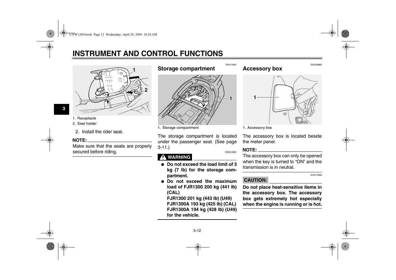 Storage compartment -12 accessory box -12, Instrument and control functions | Yamaha FJR1300T(C) User Manual | Page 30 / 100