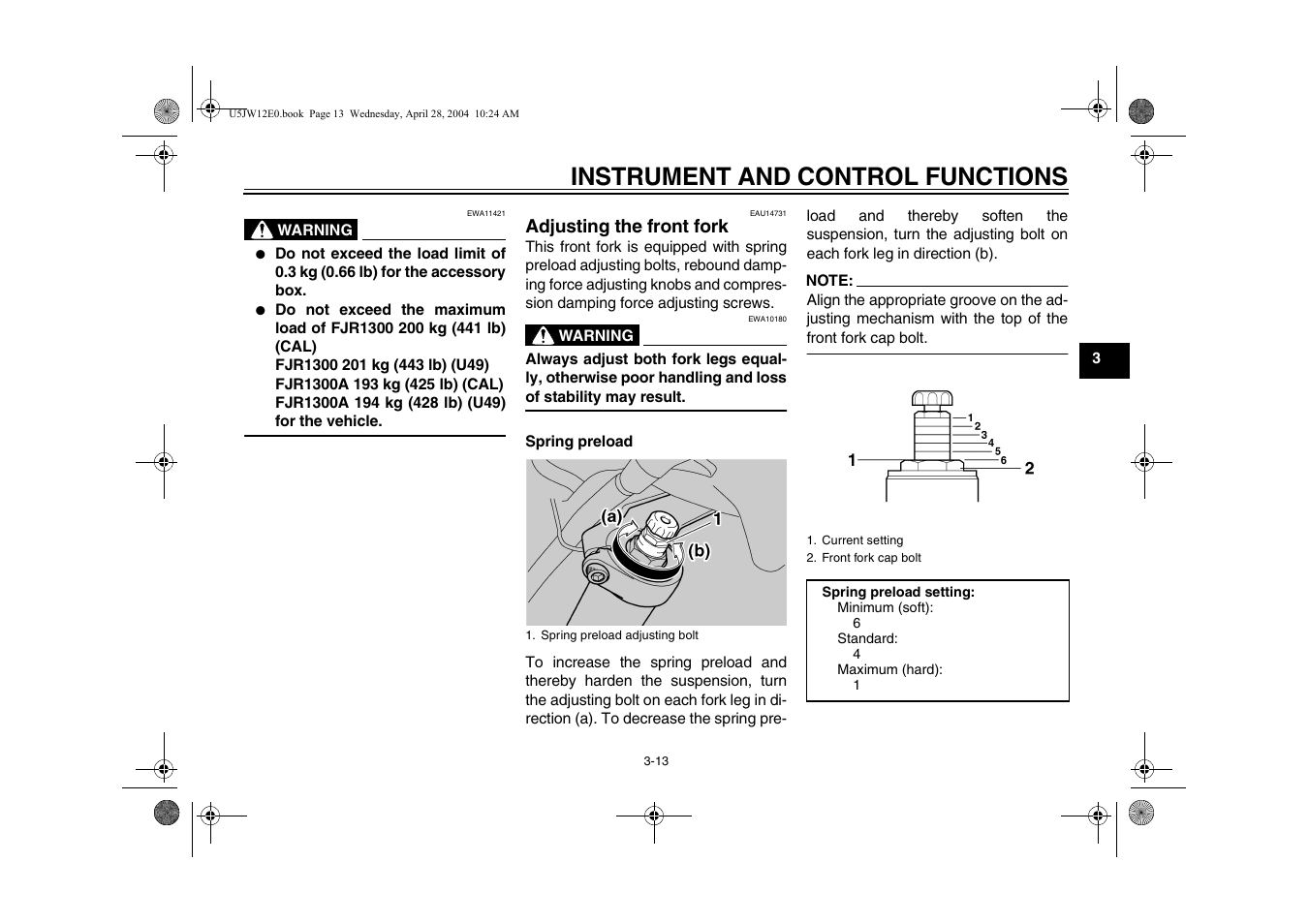 Adjusting the front fork, Adjusting the front fork -13, Instrument and control functions | Yamaha FJR1300T(C) User Manual | Page 31 / 100