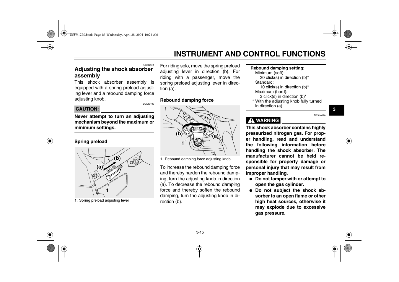 Adjusting the shock absorber assembly, Adjusting the shock absorber, Assembly -15 | E 3-15), Instrument and control functions | Yamaha FJR1300T(C) User Manual | Page 33 / 100