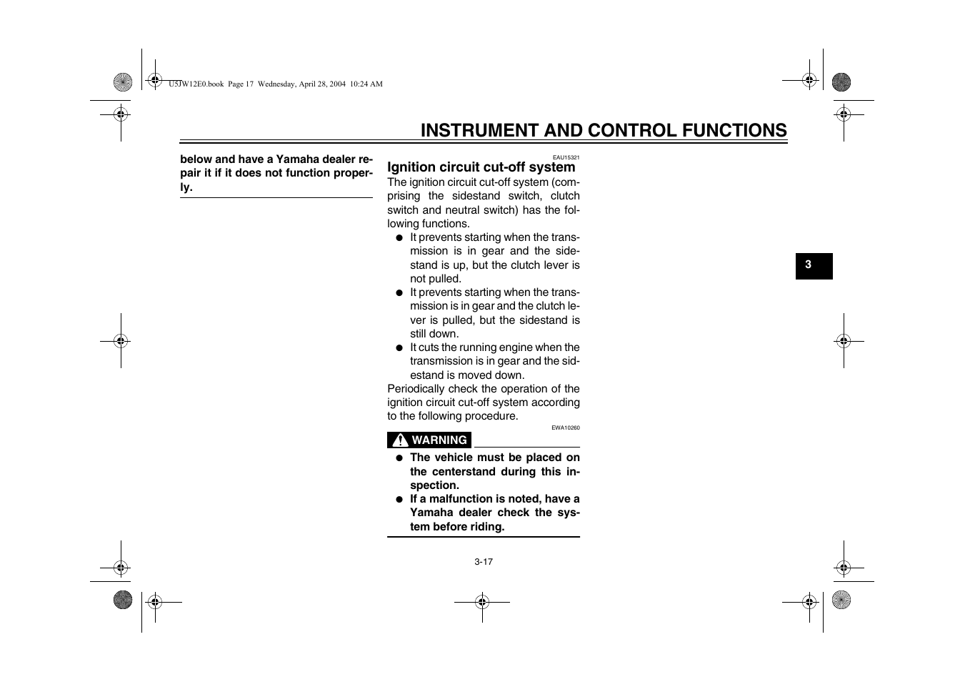 Ignition circuit cut-off system -17, Instrument and control functions | Yamaha FJR1300T(C) User Manual | Page 35 / 100