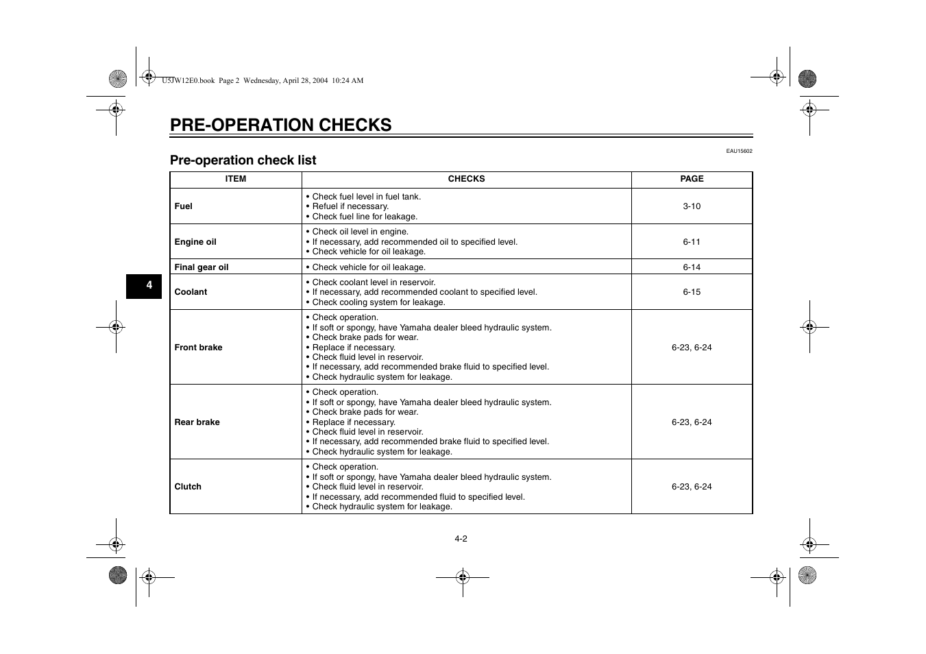 Pre-operation checks, Pre-operation check list, Pre-operation check list -2 | Yamaha FJR1300T(C) User Manual | Page 38 / 100