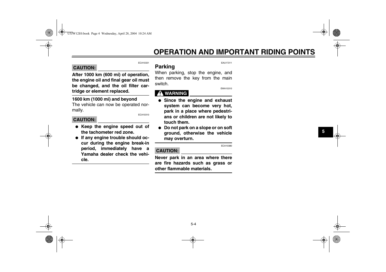 Parking -4, Operation and important riding points, Parking | Yamaha FJR1300T(C) User Manual | Page 43 / 100