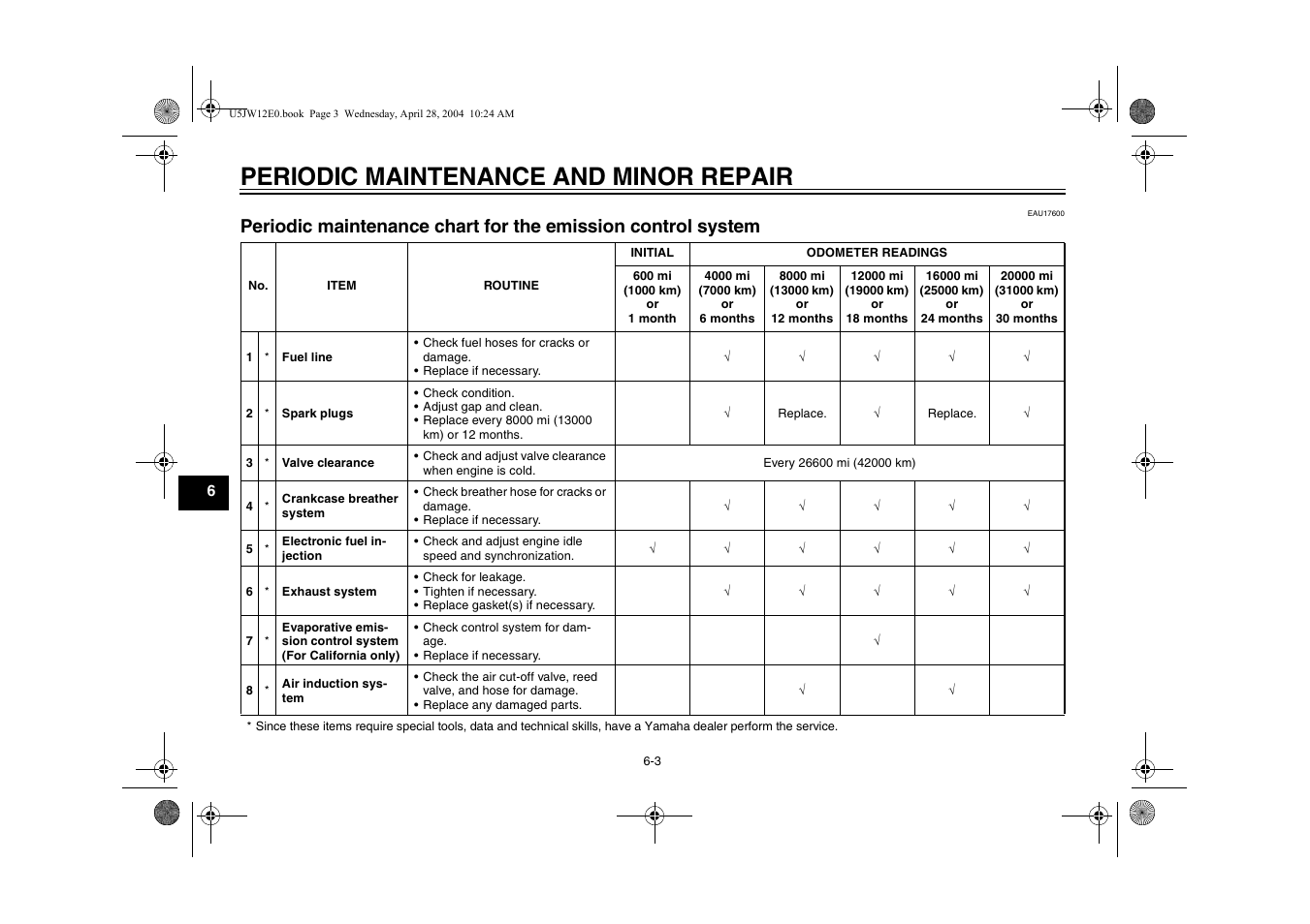 Periodic maintenance chart for the, Emission control system -3, Periodic maintenance and minor repair | Yamaha FJR1300T(C) User Manual | Page 46 / 100