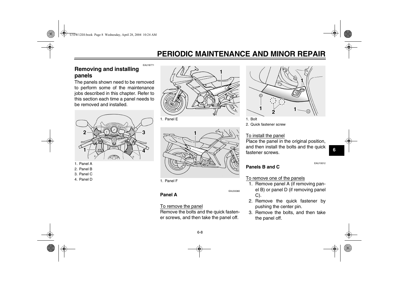 Removing and installing panels -8, Periodic maintenance and minor repair | Yamaha FJR1300T(C) User Manual | Page 51 / 100