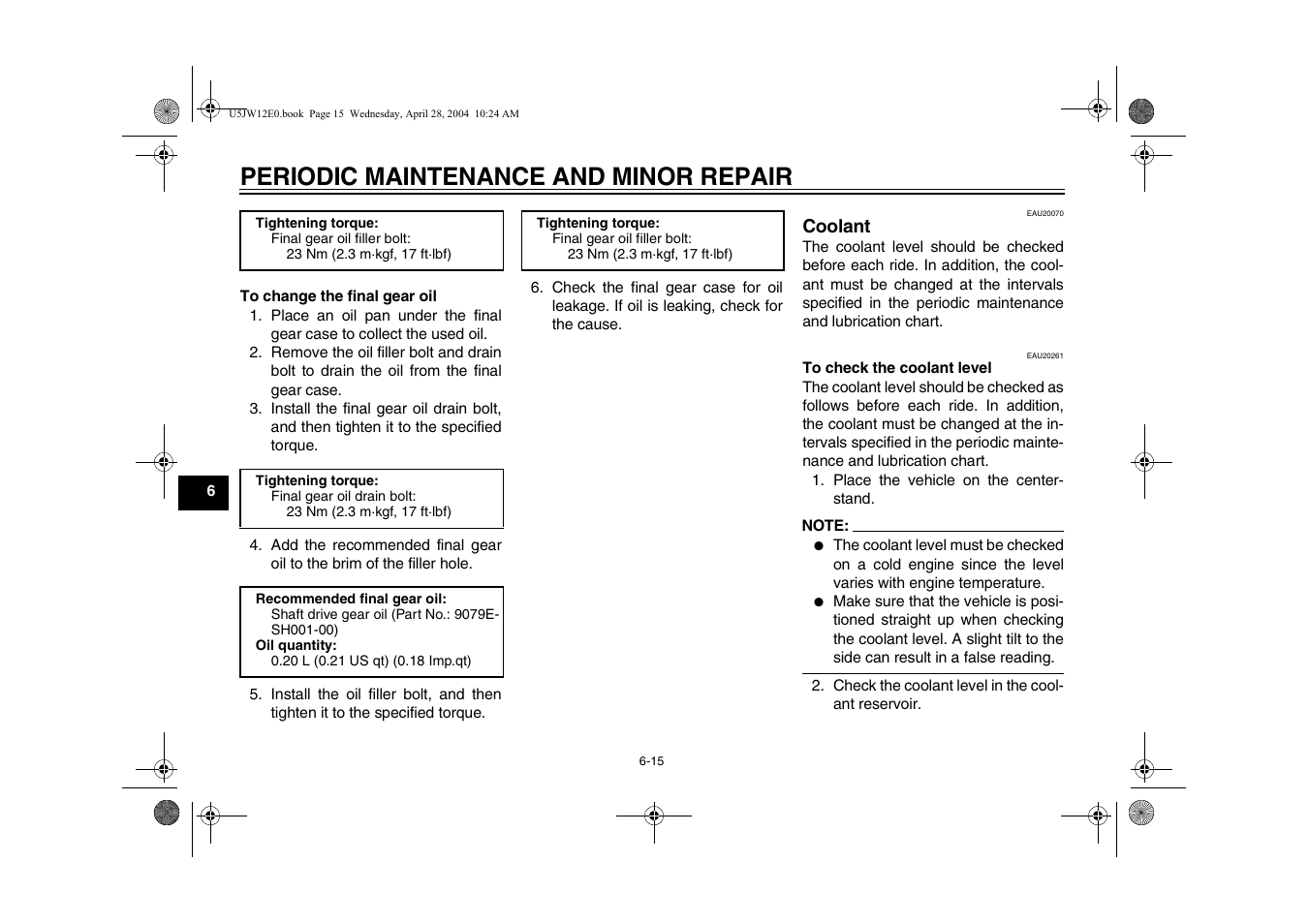 Coolant, Coolant -15, Periodic maintenance and minor repair | Yamaha FJR1300T(C) User Manual | Page 58 / 100