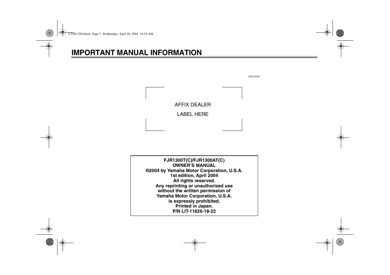 Important manual information | Yamaha FJR1300T(C) User Manual | Page 6 / 100