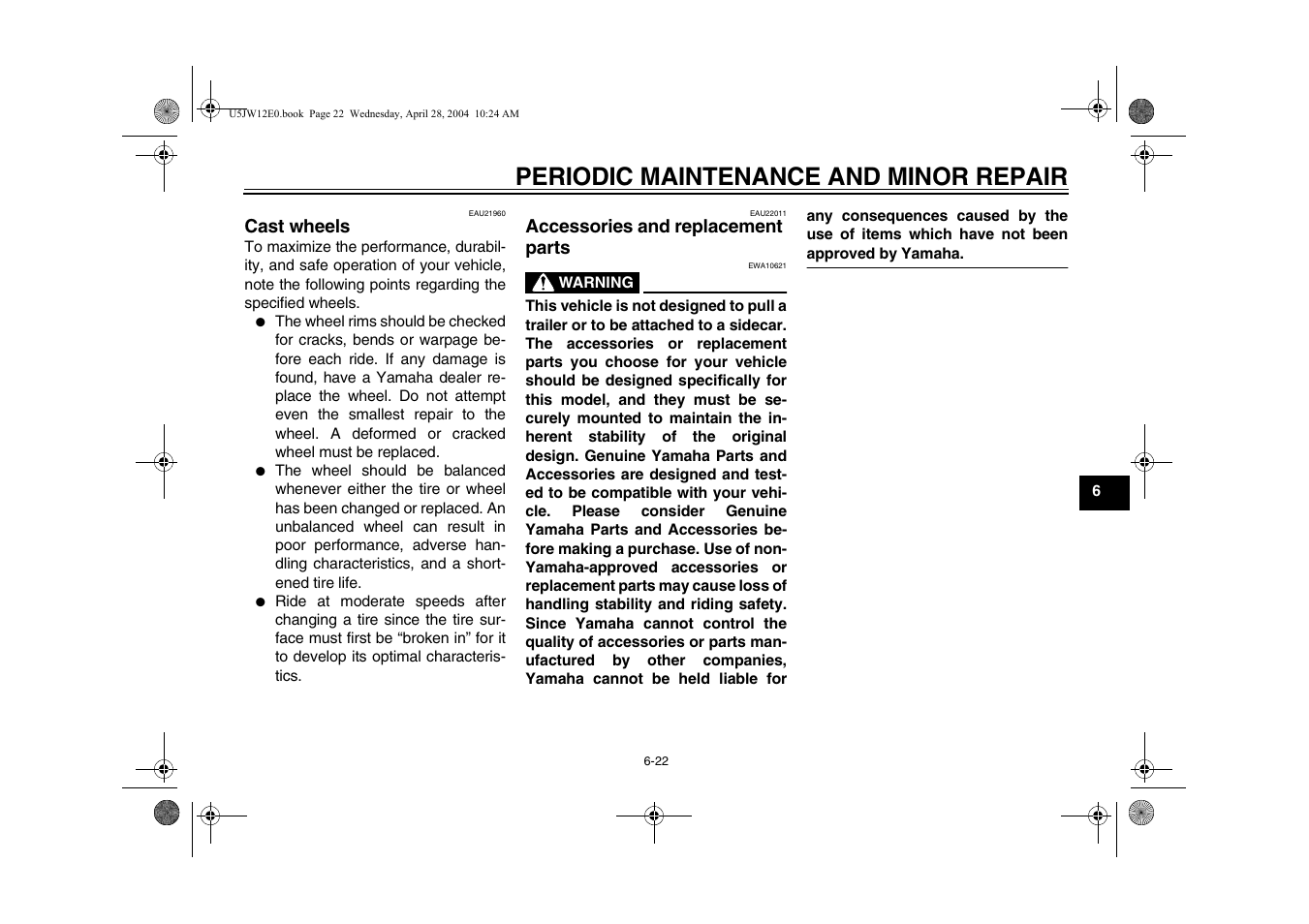 Cast wheels -22 accessories and replacement, Parts -22, Periodic maintenance and minor repair | Yamaha FJR1300T(C) User Manual | Page 65 / 100