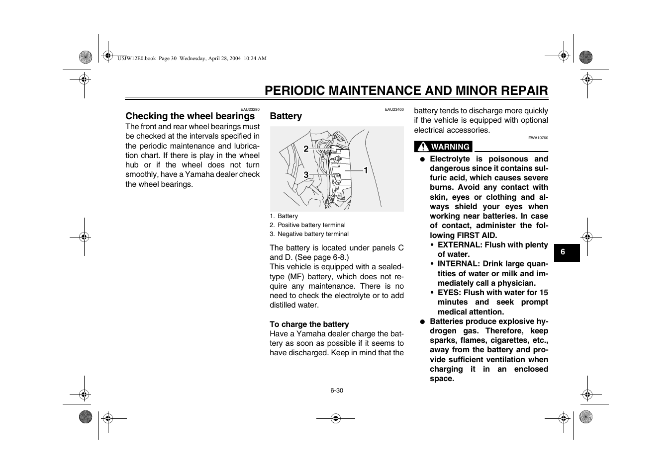 Battery, Checking the wheel bearings -30 battery -30, Periodic maintenance and minor repair | Yamaha FJR1300T(C) User Manual | Page 73 / 100