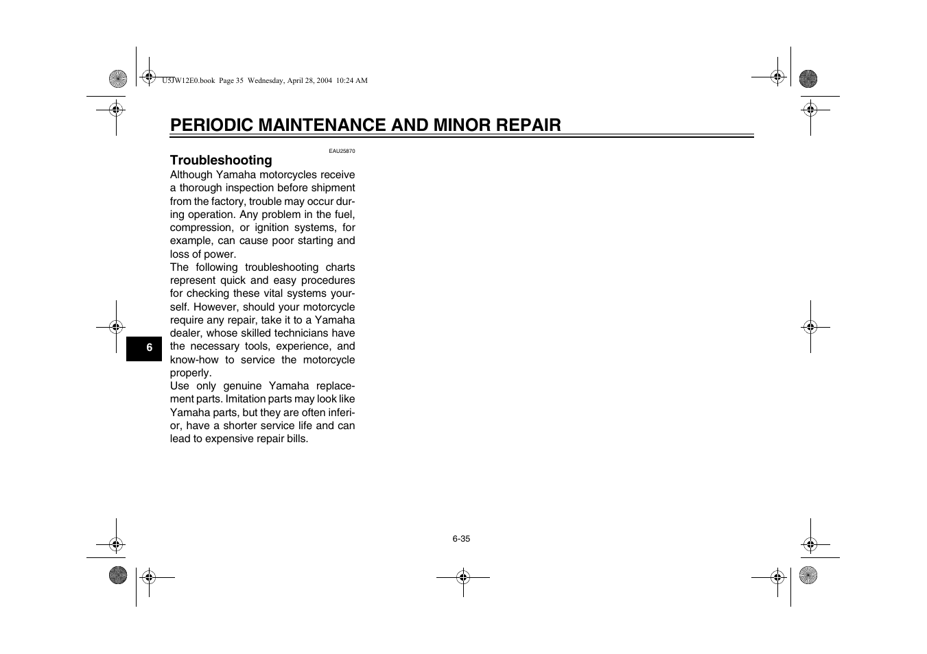 Troubleshooting, Troubleshooting -35, Periodic maintenance and minor repair | Yamaha FJR1300T(C) User Manual | Page 78 / 100