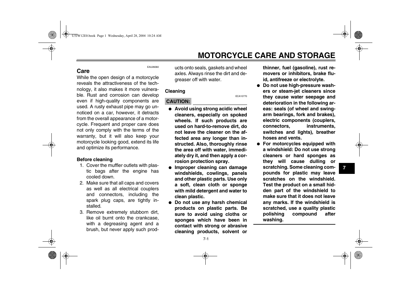 Motorcycle care and storage, Care, Care -1 | Yamaha FJR1300T(C) User Manual | Page 81 / 100