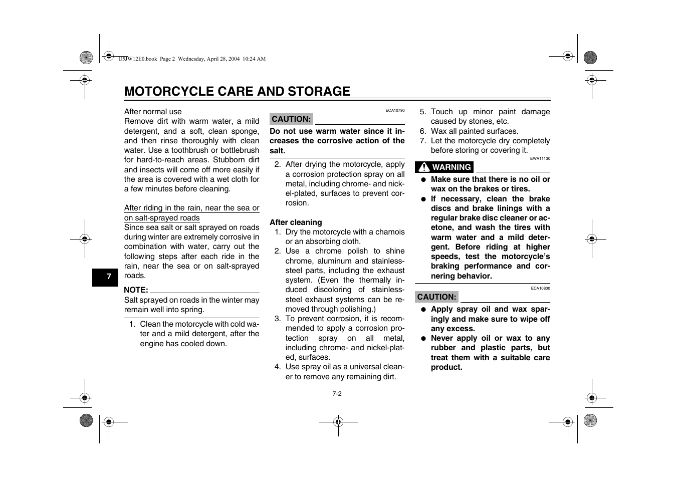 Motorcycle care and storage | Yamaha FJR1300T(C) User Manual | Page 82 / 100