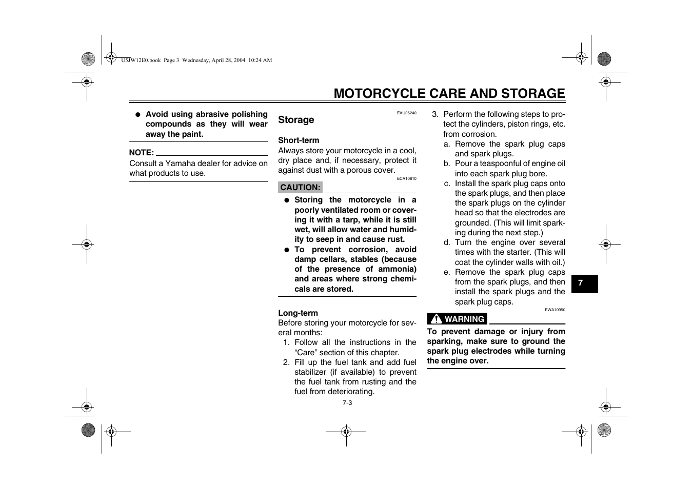 Storage, Storage -3, Motorcycle care and storage | Yamaha FJR1300T(C) User Manual | Page 83 / 100