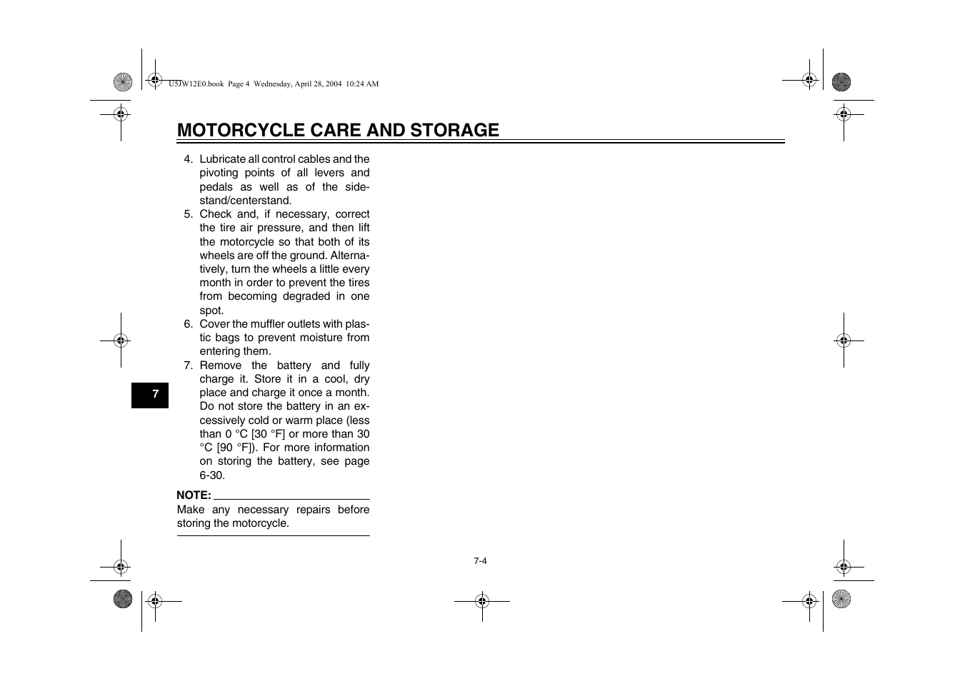 Motorcycle care and storage | Yamaha FJR1300T(C) User Manual | Page 84 / 100