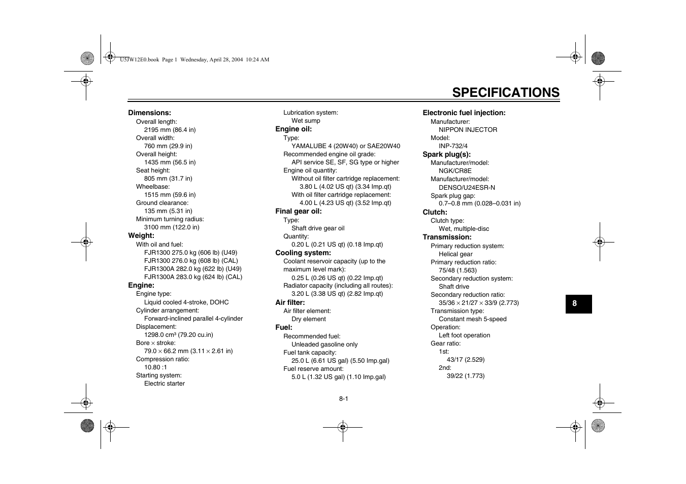 Specifications | Yamaha FJR1300T(C) User Manual | Page 85 / 100