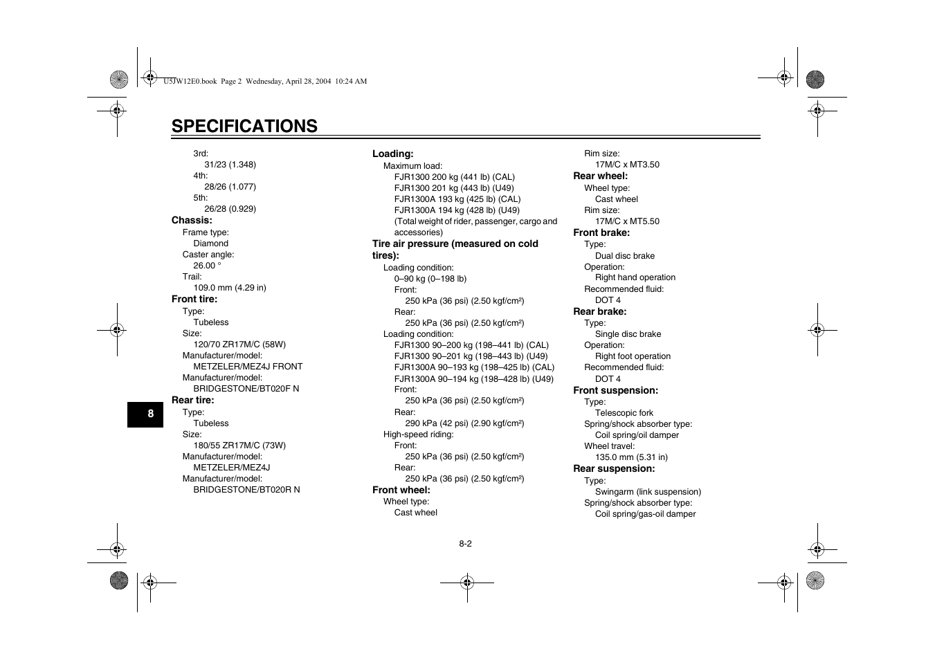 Specifications | Yamaha FJR1300T(C) User Manual | Page 86 / 100