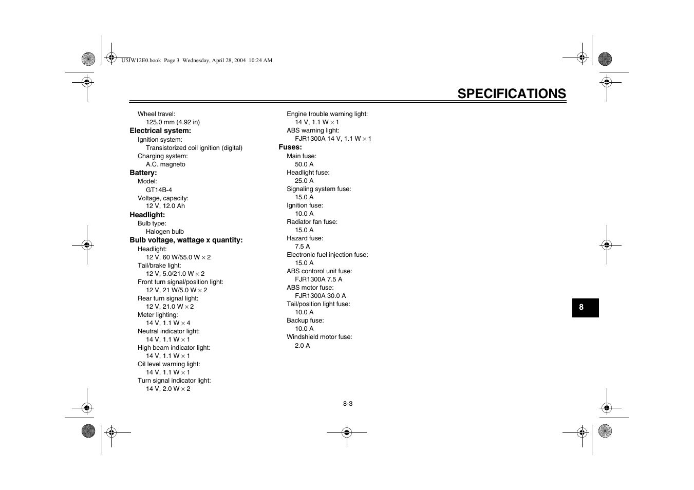 Specifications | Yamaha FJR1300T(C) User Manual | Page 87 / 100