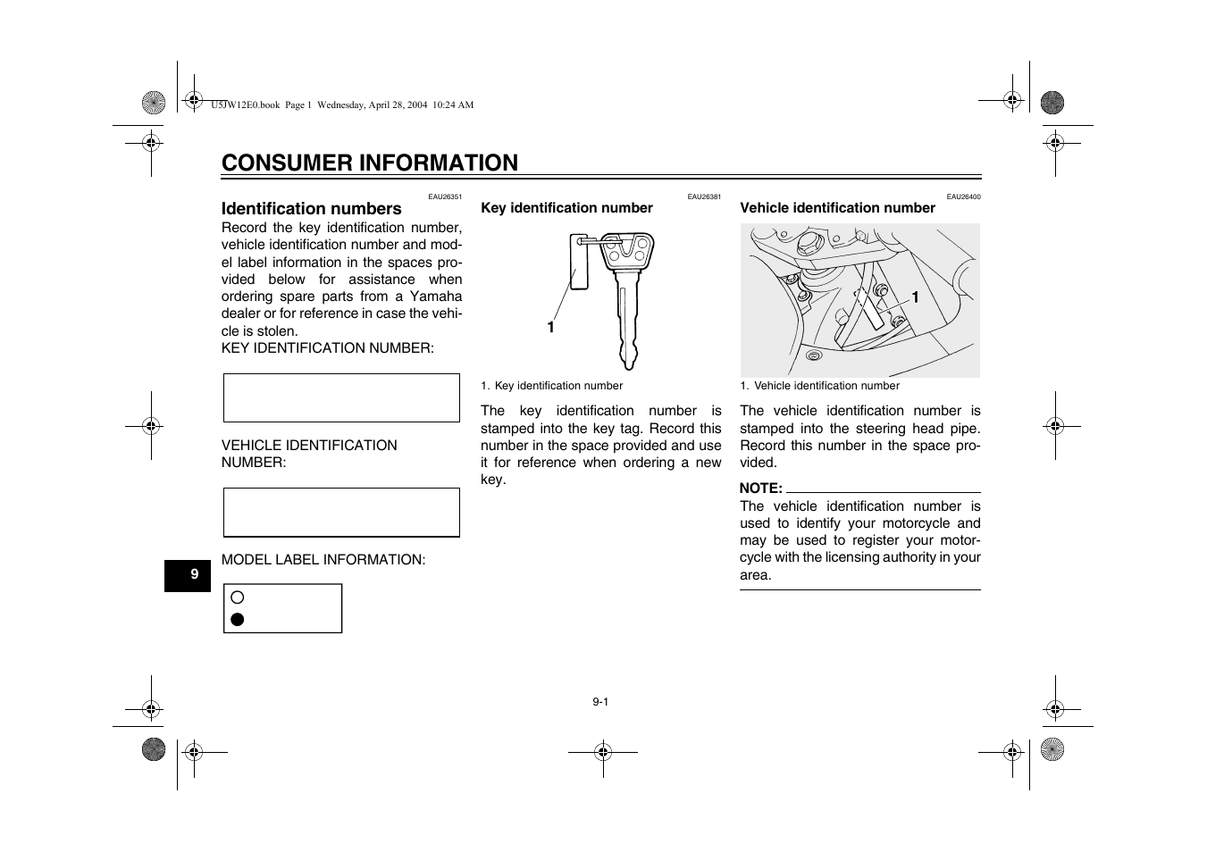 Consumer information, Identification numbers, Vehicle identification number | Identification numbers -1 | Yamaha FJR1300T(C) User Manual | Page 88 / 100