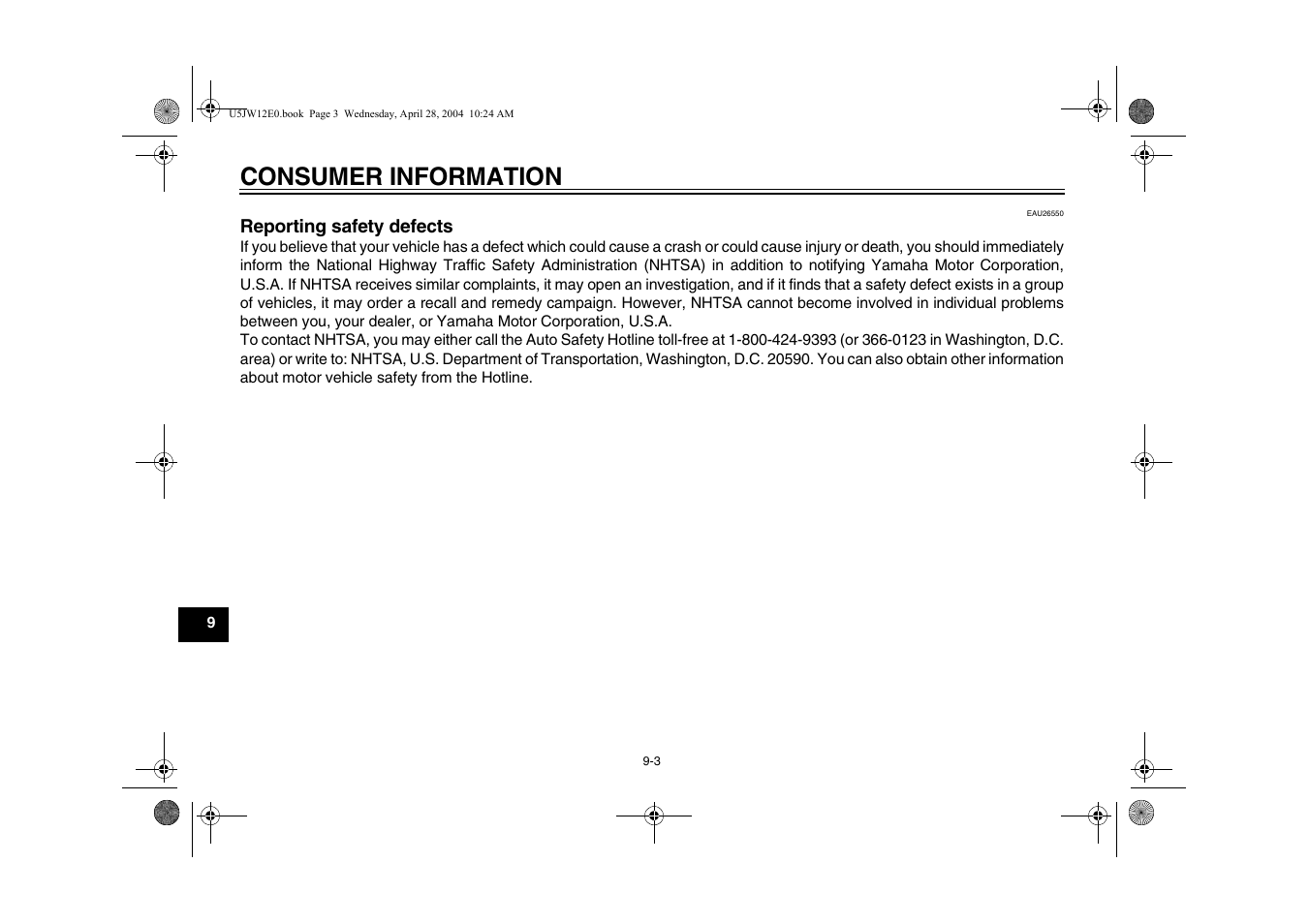 Reporting safety defects, Reporting safety defects -3, Consumer information | Yamaha FJR1300T(C) User Manual | Page 90 / 100