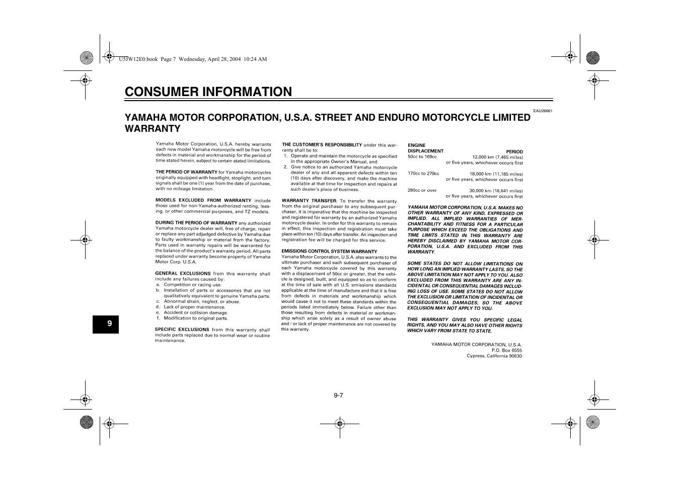 Yamaha motor corporation, Consumer information | Yamaha FJR1300T(C) User Manual | Page 94 / 100
