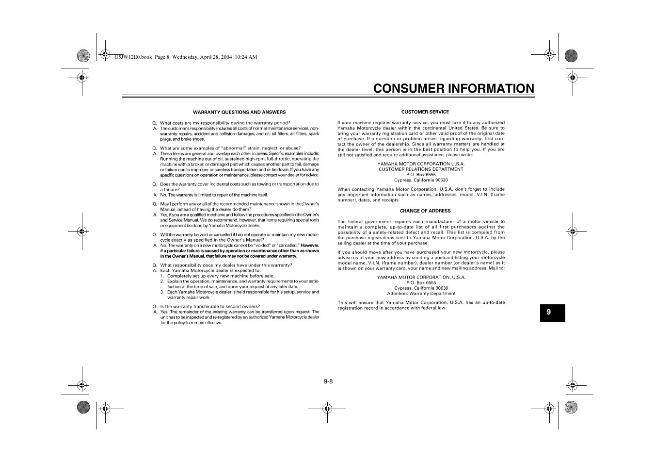 Consumer information | Yamaha FJR1300T(C) User Manual | Page 95 / 100