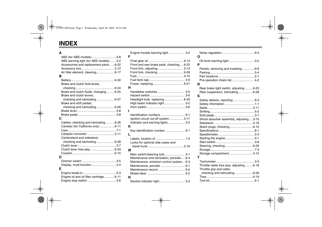 Index | Yamaha FJR1300T(C) User Manual | Page 98 / 100