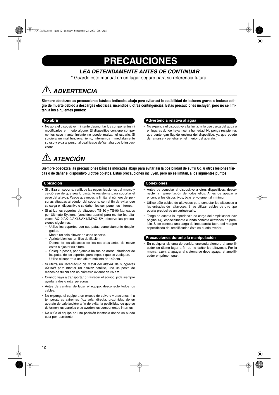 Espanol, Precauciones, Advertencia | Atención, Lea detenidamente antes de continuar | Yamaha AX12 User Manual | Page 2 / 6