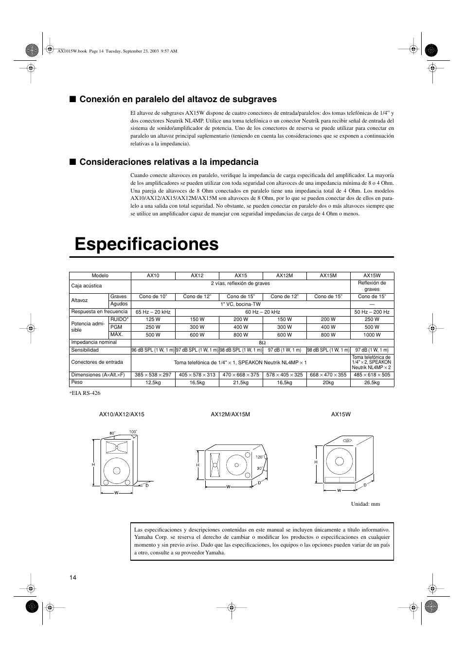 Especificaciones, Conexión en paralelo del altavoz de subgraves, Consideraciones relativas a la impedancia | Yamaha AX12 User Manual | Page 4 / 6