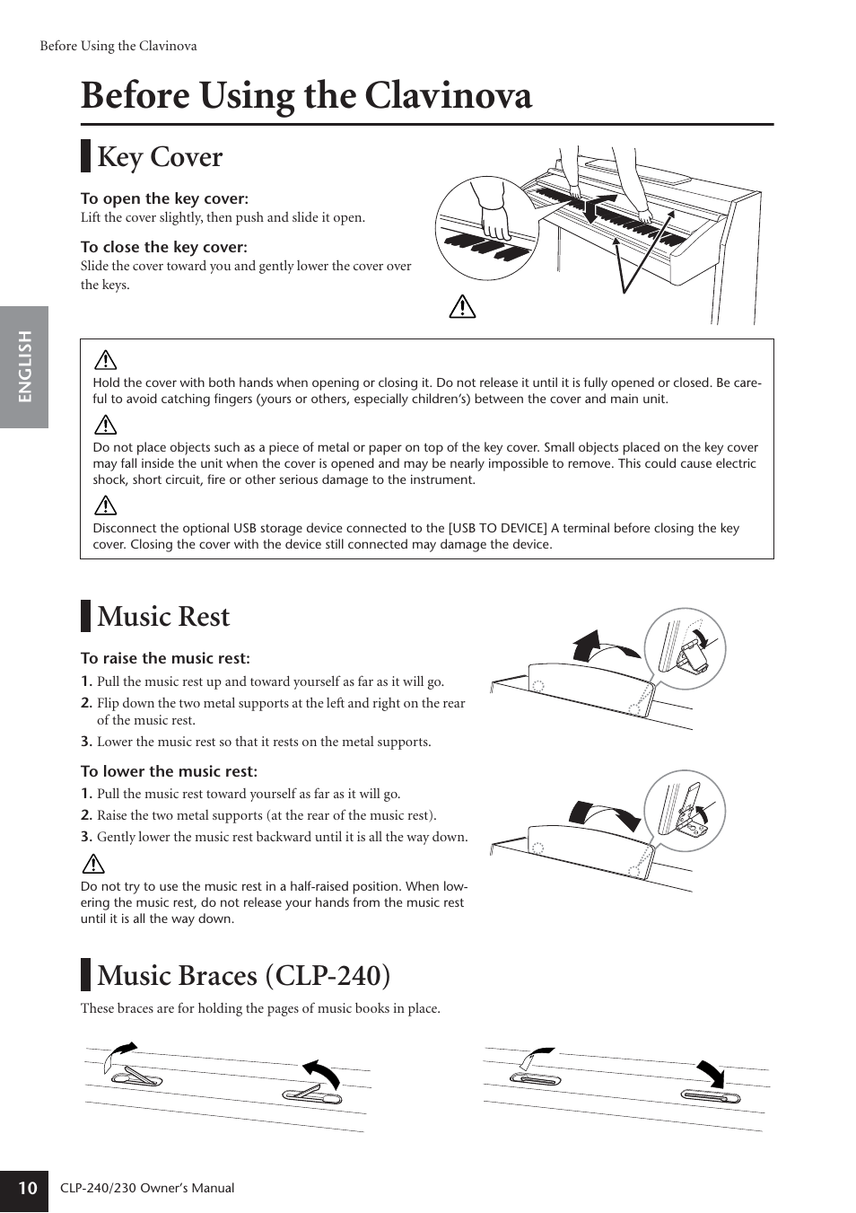 Before using the clavinova, Key cover, Music rest | Music braces (clp-240), Key cover music rest music braces (clp-240) | Yamaha CLP-230 User Manual | Page 10 / 90