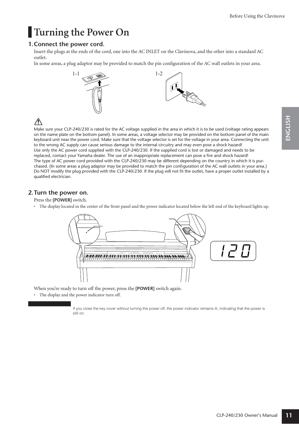 Turning the power on, English 11, Connect the power cord | Turn the power on | Yamaha CLP-230 User Manual | Page 11 / 90