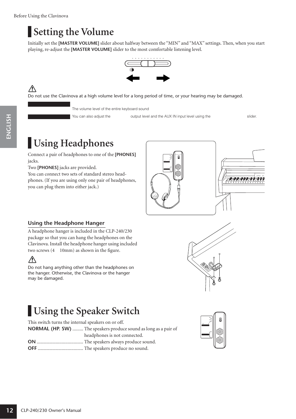 Setting the volume, Using headphones, Using the speaker switch | English 12, Using the headphone hanger | Yamaha CLP-230 User Manual | Page 12 / 90