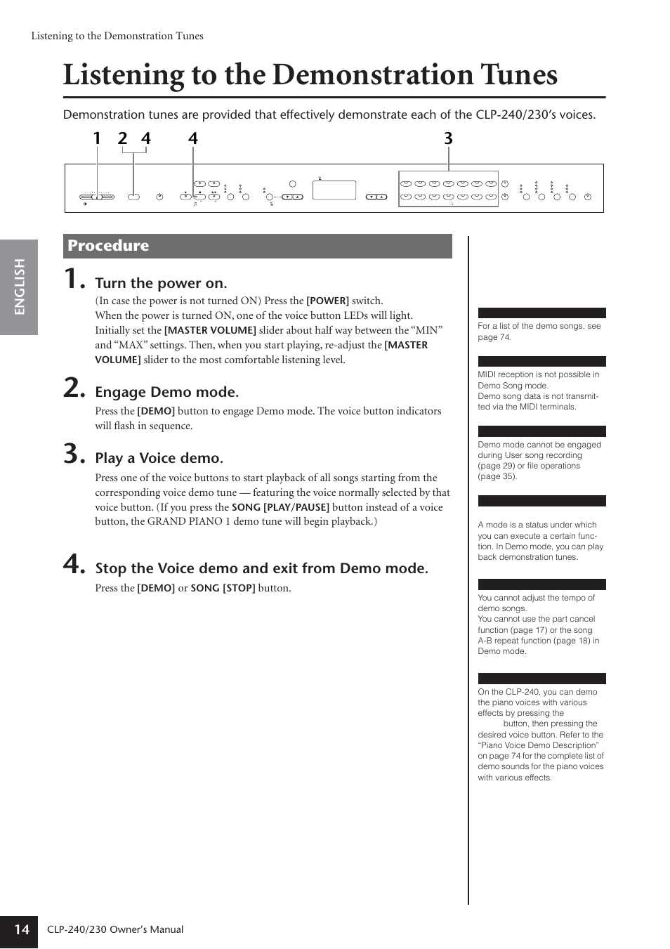 Listening to the demonstration tunes, Procedure, Turn the power on | Engage demo mode, Play a voice demo, Stop the voice demo and exit from demo mode, English 14, Slider to the most comfortable listening level, Press the, Button | Yamaha CLP-230 User Manual | Page 14 / 90