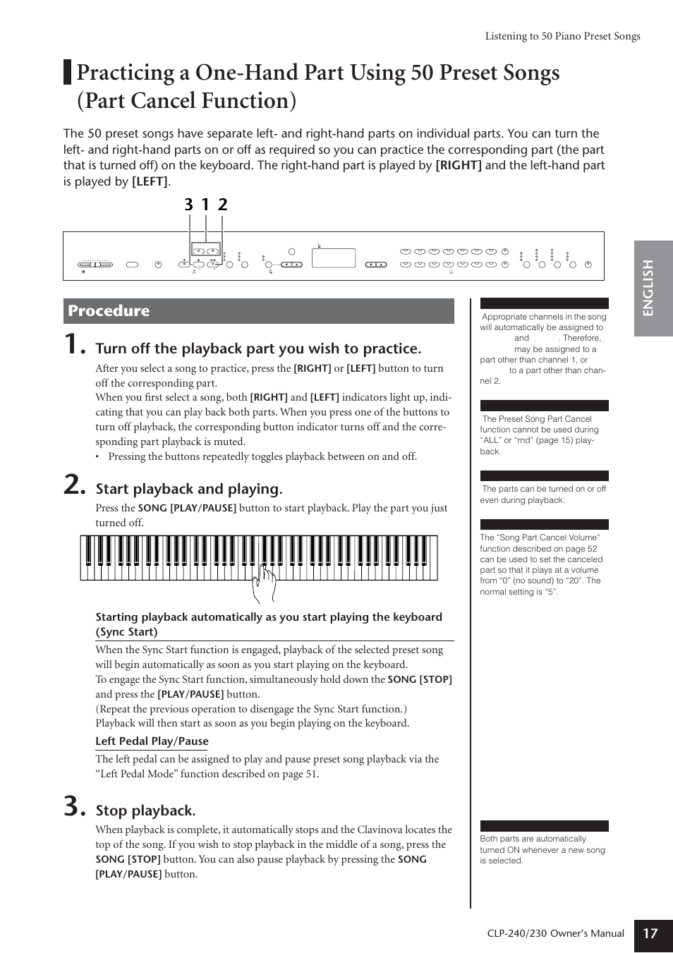 Procedure, Turn off the playback part you wish to practice, Start playback and playing | Stop playback, English 17, Listening to 50 piano preset songs, After you select a song to practice, press the, Press the, And press the, Button | Yamaha CLP-230 User Manual | Page 17 / 90