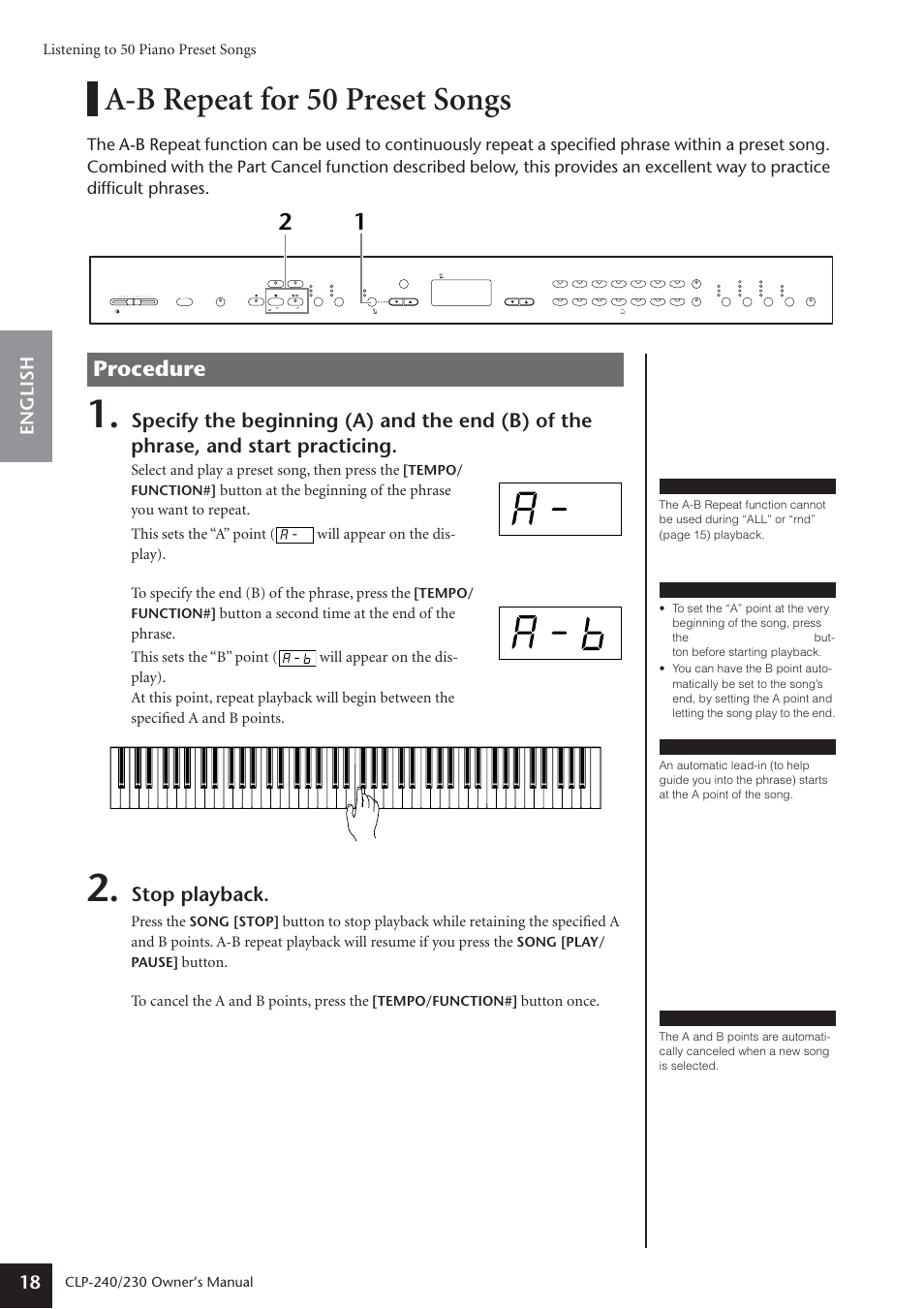 A-b repeat for 50 preset songs, Procedure, Stop playback | English 18, Listening to 50 piano preset songs, Select and play a preset song, then press the, Press the, Button. to cancel the a and b points, press the, Button once, Owner’s manual | Yamaha CLP-230 User Manual | Page 18 / 90