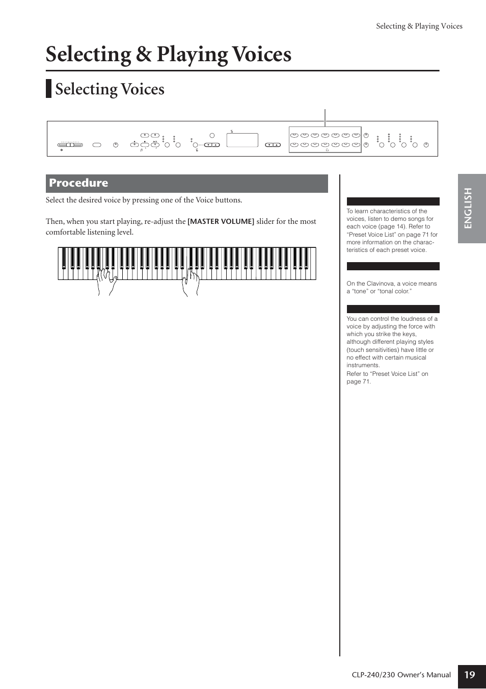 Selecting & playing voices, Selecting voices, Procedure | English 19, Slider for the most comfortable listening level, Owner’s manual, Master volume, Terminology, Voice buttons | Yamaha CLP-230 User Manual | Page 19 / 90
