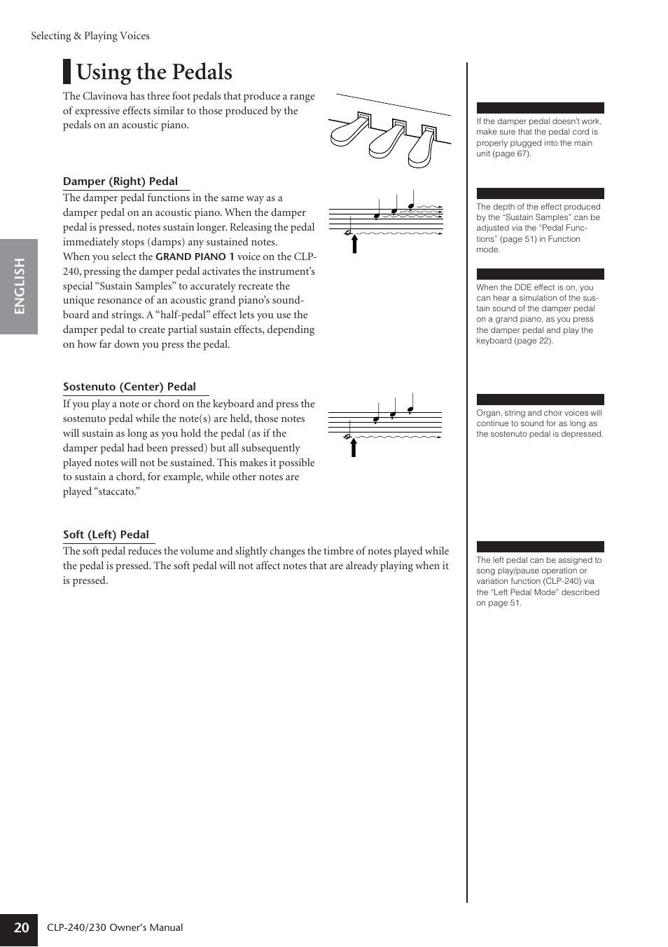 Using the pedals, English 20 | Yamaha CLP-230 User Manual | Page 20 / 90