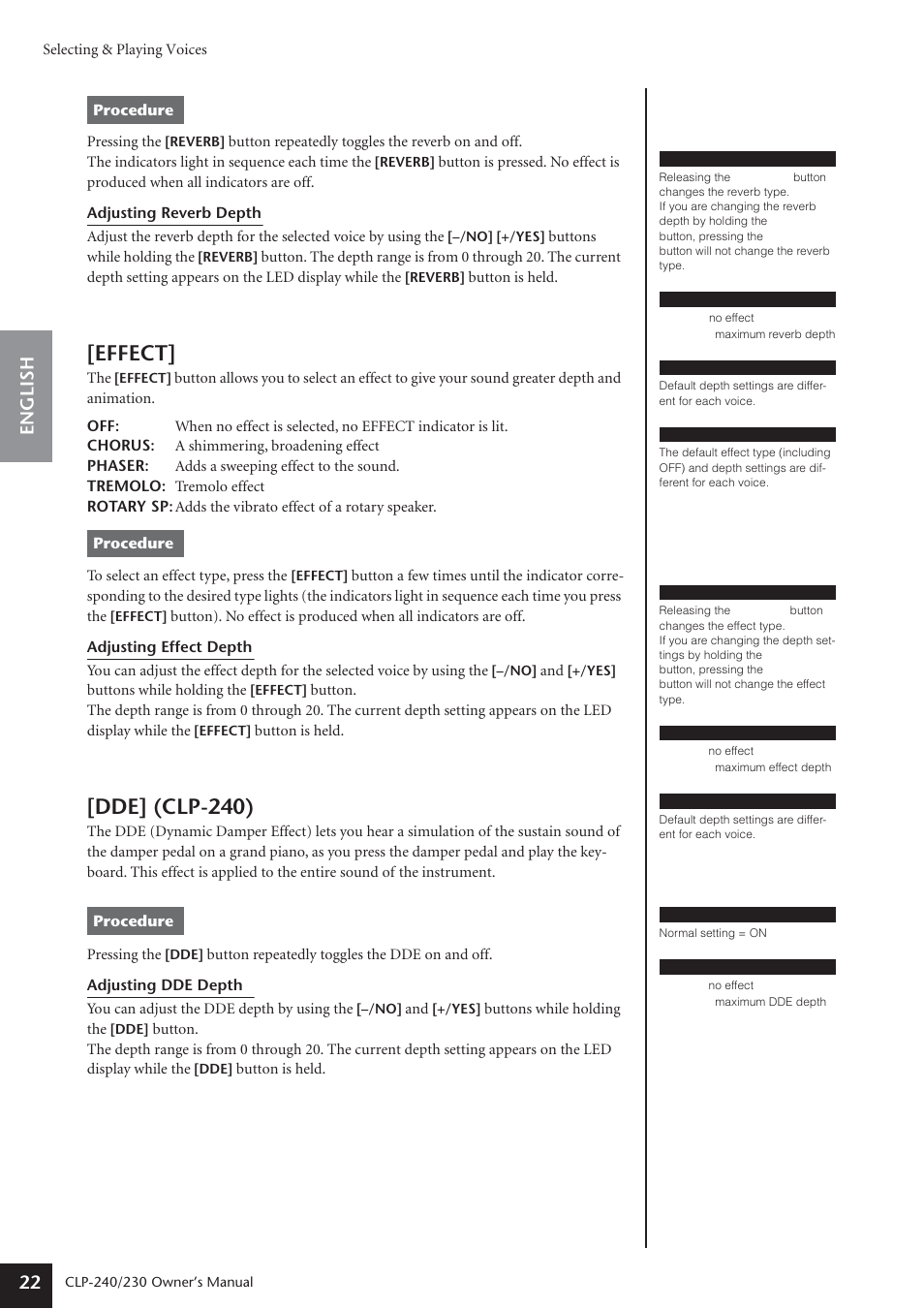 Effect, Dde] (clp-240), English 22 | Yamaha CLP-230 User Manual | Page 22 / 90