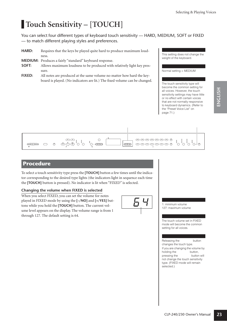 Touch sensitivity - [touch, Touch sensitivity – [touch, Procedure | English 23, Selecting & playing voices, But- tons while you hold the, Owner’s manual, Touch, Normal setting = medium, No] [+/yes] buttons [touch] button | Yamaha CLP-230 User Manual | Page 23 / 90