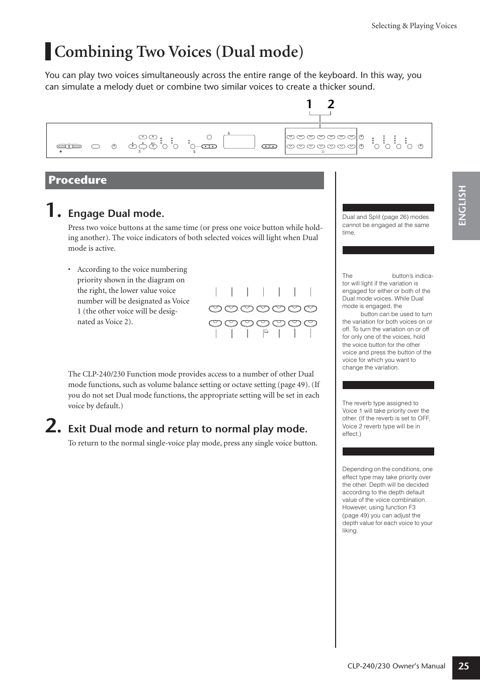 Combining two voices (dual mode), Procedure, Engage dual mode | Exit dual mode and return to normal play mode, English 25, Selecting & playing voices, Owner’s manual, Voice numbering priority | Yamaha CLP-230 User Manual | Page 25 / 90