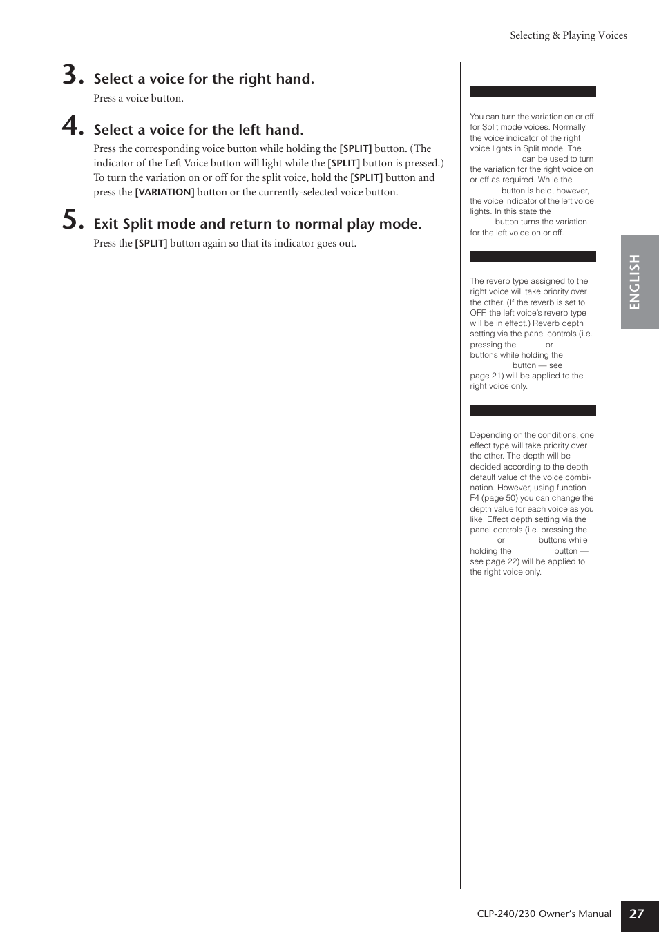 Select a voice for the right hand, Select a voice for the left hand, Exit split mode and return to normal play mode | English 27 | Yamaha CLP-230 User Manual | Page 27 / 90