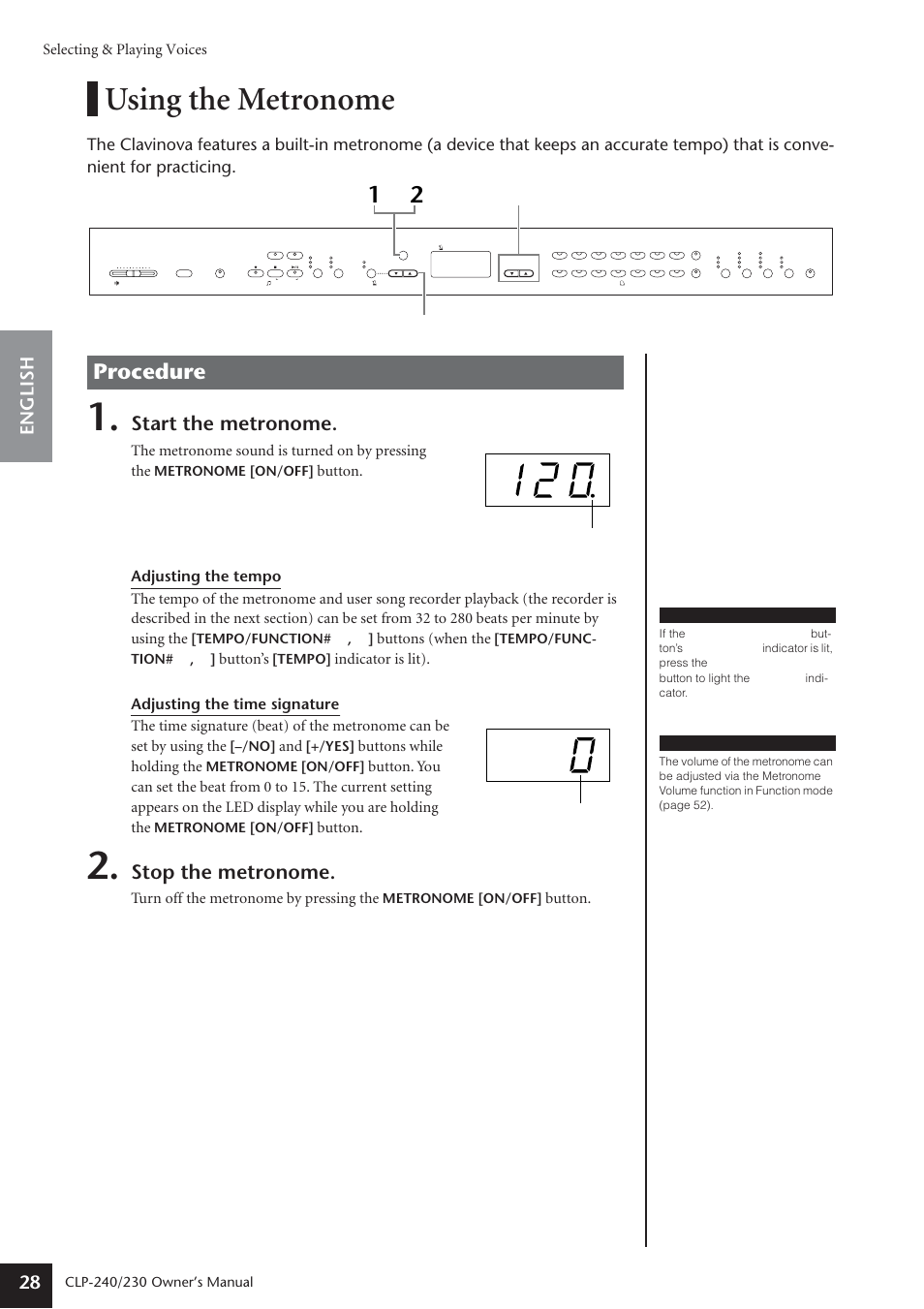 Using the metronome, Procedure, Start the metronome | Stop the metronome, English 28, Selecting & playing voices, The metronome sound is turned on by pressing the, Buttons (when the, Button’s, Buttons while holding the | Yamaha CLP-230 User Manual | Page 28 / 90